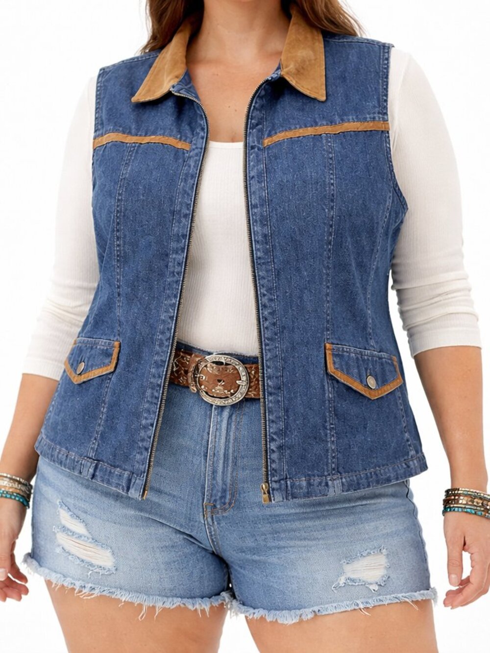 Denim Boho Western Chic Vest - Rustic Casual Cowgirl Elevated Layer [size 2X]